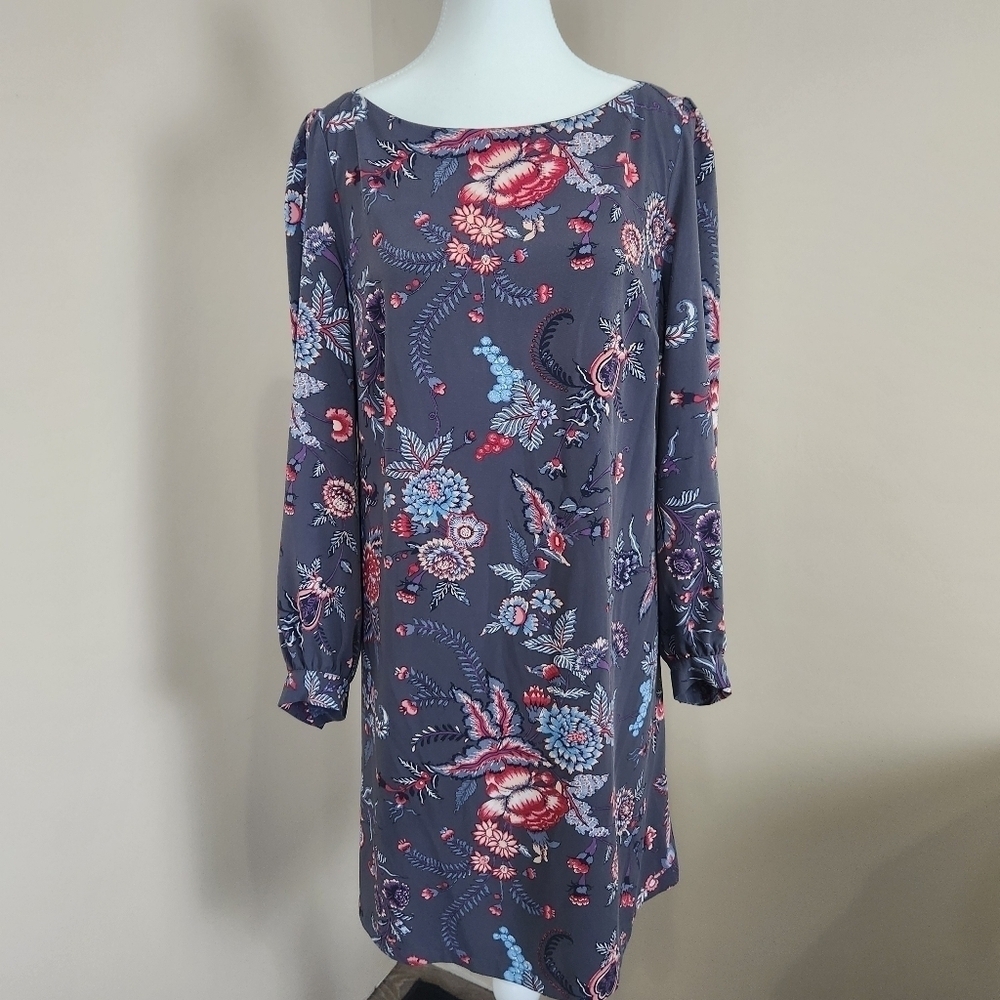 Loft Women's Dark Gray Floral Retro Style A-Line Shift Dress Size 6